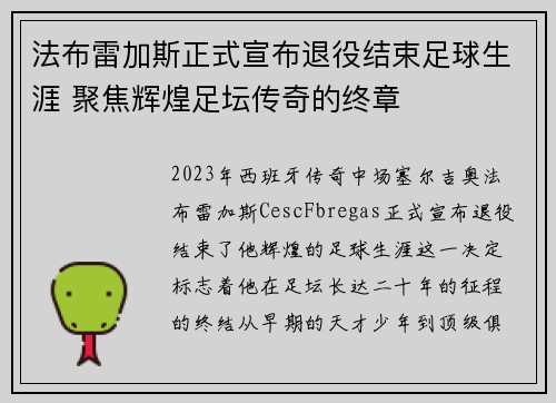 法布雷加斯正式宣布退役结束足球生涯 聚焦辉煌足坛传奇的终章 法布雷加斯正式宣布退役结束足球生涯 聚焦辉煌足坛传奇的终章